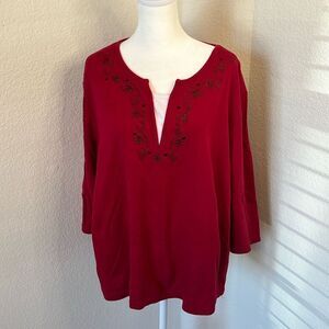 Crystal Kobe Dark Red 3/4 Sleeve Pullover Top with White Insert at Neck ~ XXL